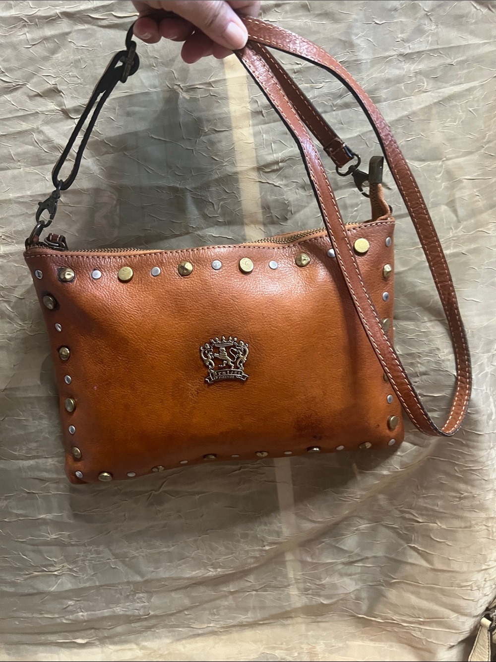 Pratesi Firenze Cognac Studded Italian Leather Crossbody Bag Montebonello B456